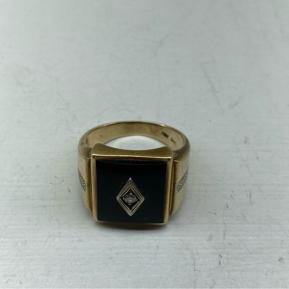 Vintage 10k Yellow Gold IHS Obsidian Mens Ring With Diamond Center Size 11 - Picture 12 of 16